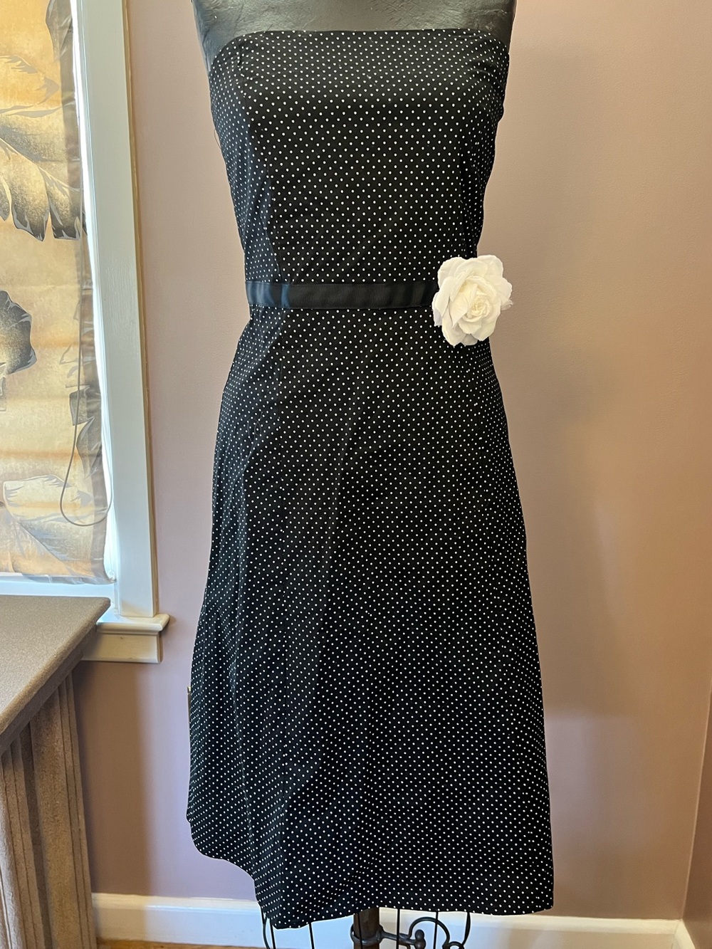 Y2K Pin Up Girl Rockabilly Black & White Polka Dot Flower Belt Strapless Dress S